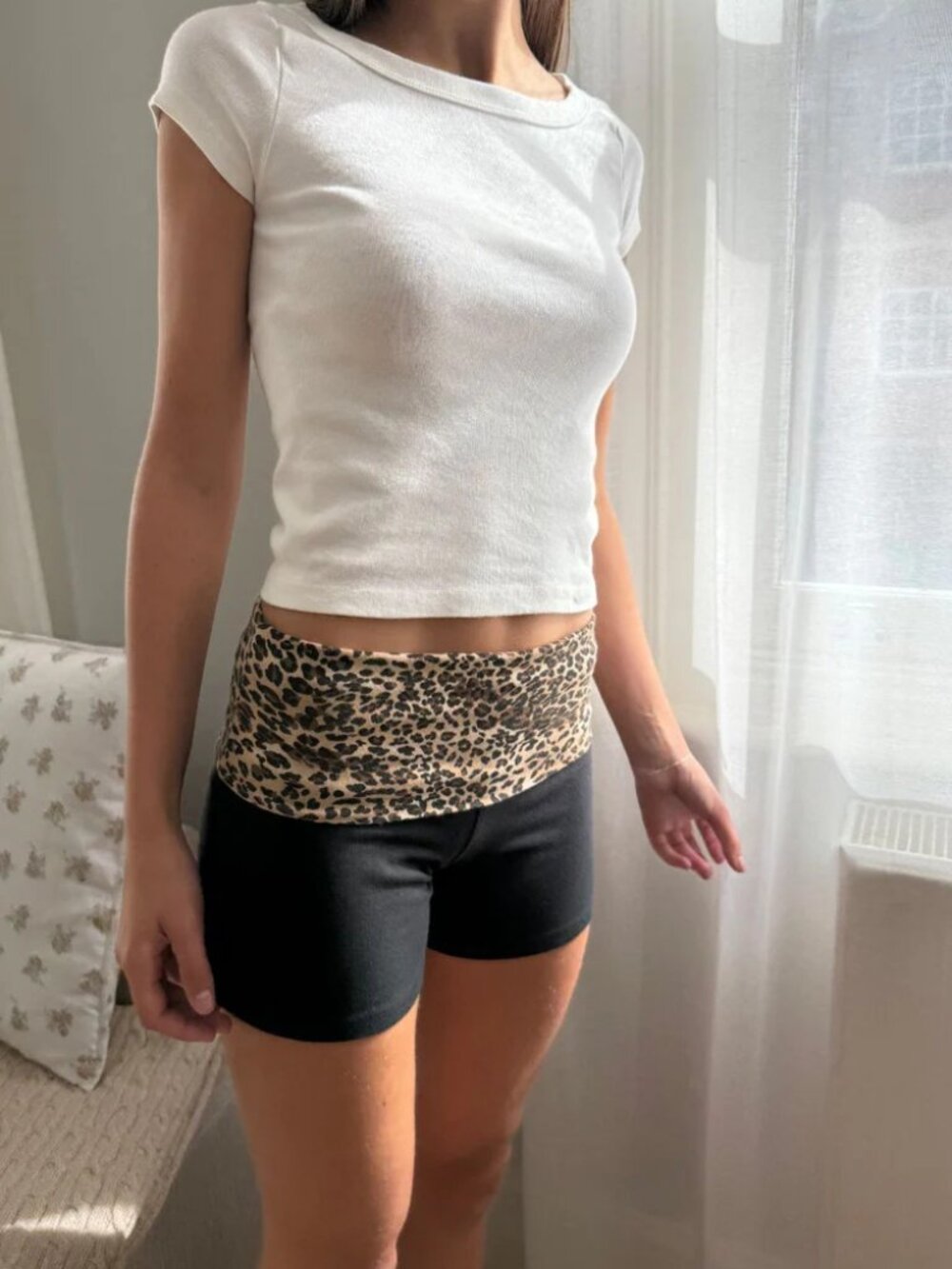 Brandy Melville Priscilla Black Leopard Cotton Yoga Foldover Lounge Shorts